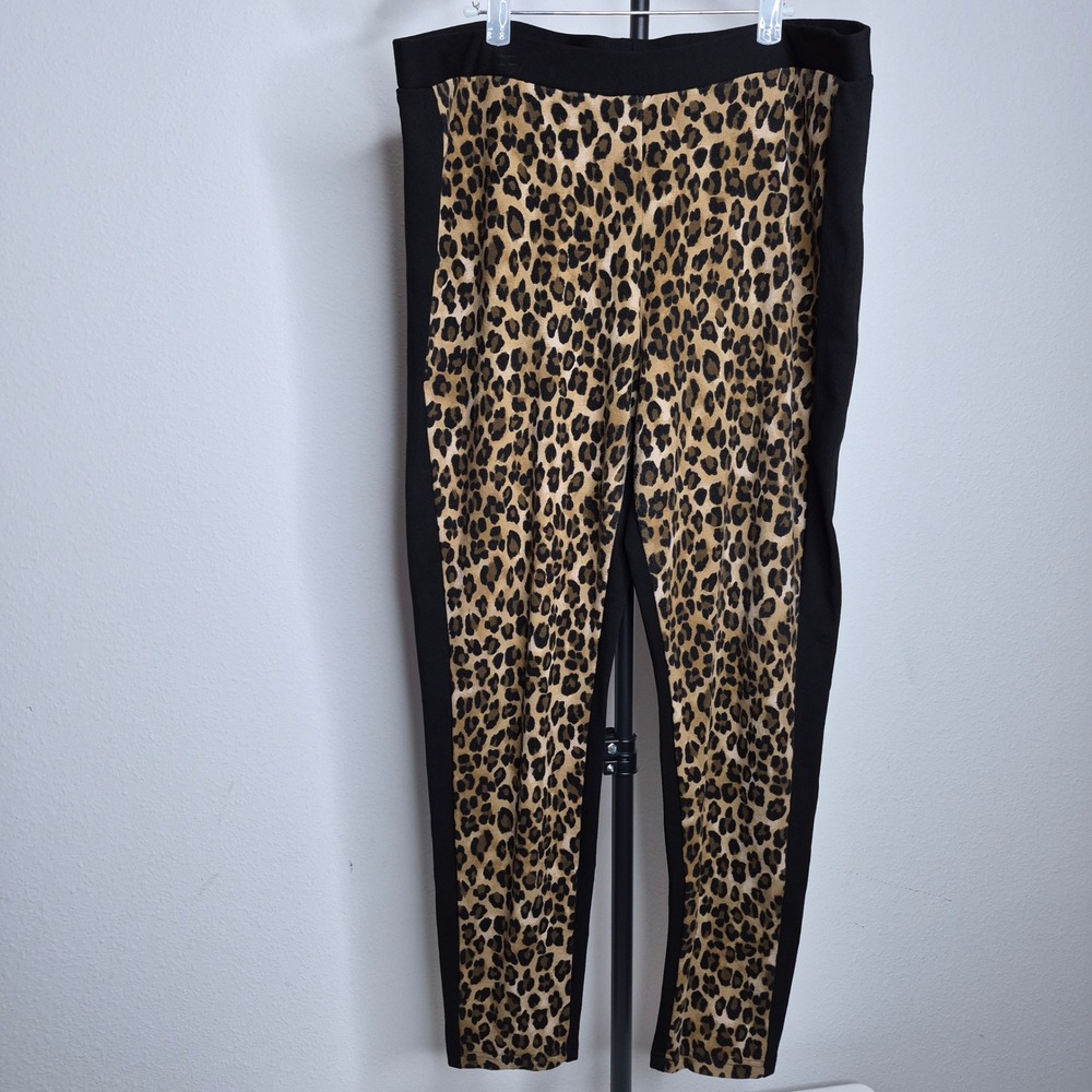 Chicos Leopard Print Front Ponte Knit Pants Black Tan Slim Leg Size 3 XL